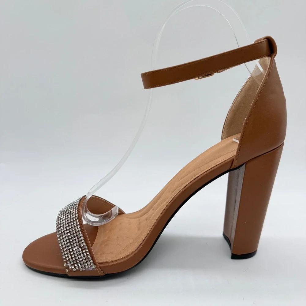 Womens Cognac Brown Rhinestone Ankle Strap Block Heel Sandals Size 9 Dressy